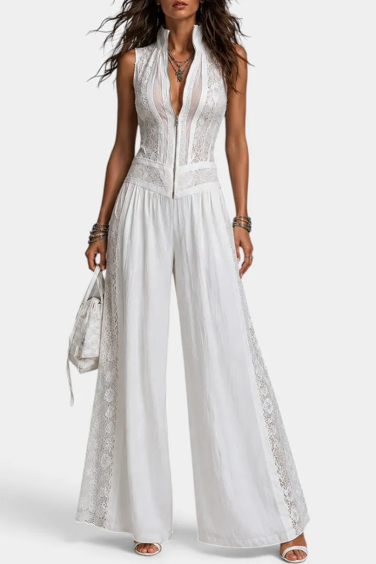 High Neck Lace Wide-Leg Jumpsuit with Zip Front