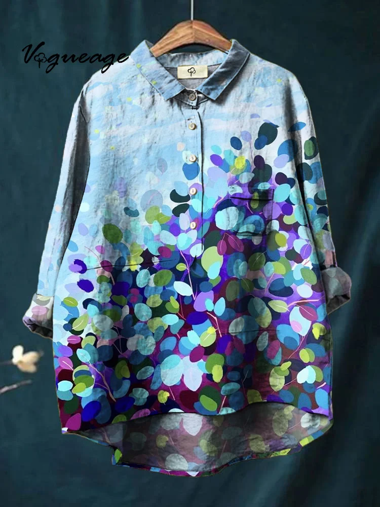 Watercolor Bright Leaves Plants Printed Cotton And Linen Shirt
