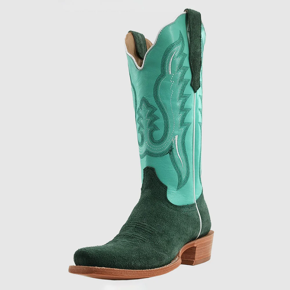 Green & Turquoise Patchwork Square Toe Embroidered Cowgirl Boots