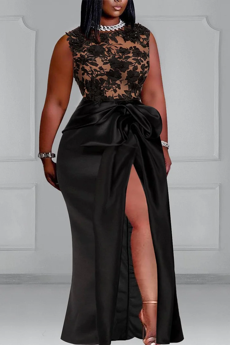 Plus Size Formal Black Round Neck Split Fold Guipure Lace Maxi Dresses