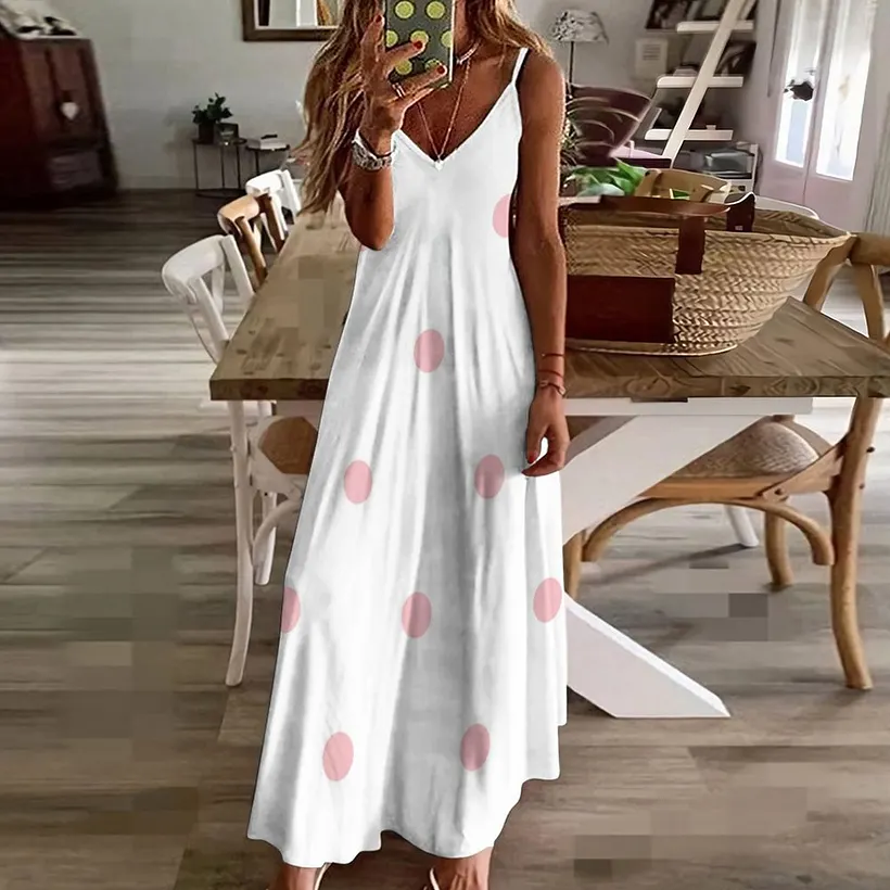 Pink Polka Dot Pink And White Women's Casual Strappy V Neck Sleeveless Flowy Loose Long Maxi Beach Dress Sundress