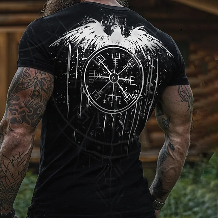 VChics Men's Viking Raven Print Casual Short Sleeve T-shirt