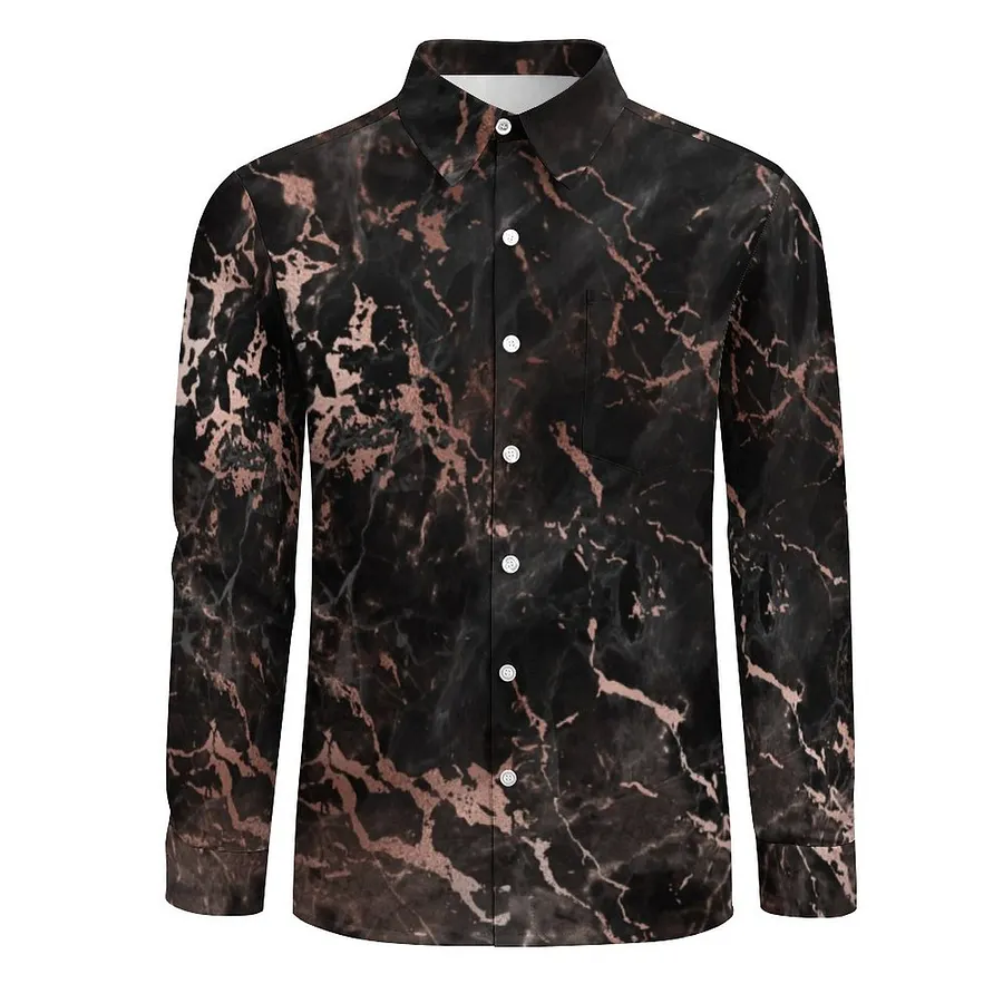 Elegant Black Marble Rose Gold Men's Casual Long Sleeve Button Down Pocket Shirt Black-2XL