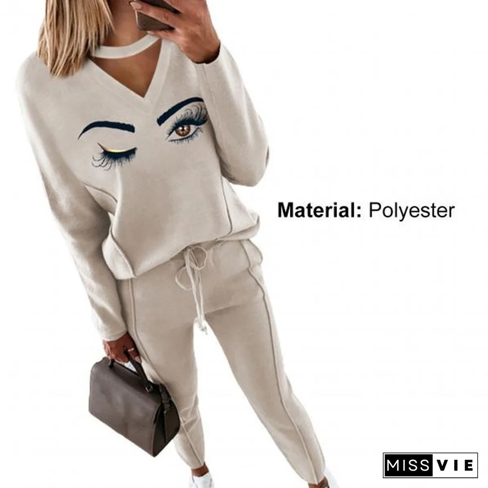 Tracksuit Set Hollow Out Skin-Friendly Eyes Print Women Outfit For Office