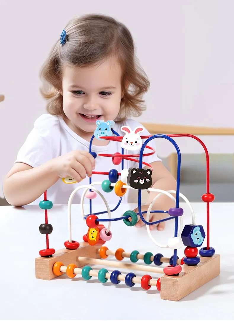 Tegooe Wooden Bead Maze Cube Toy - Colorful Fruit Animal Shapes Educational Learning Toy