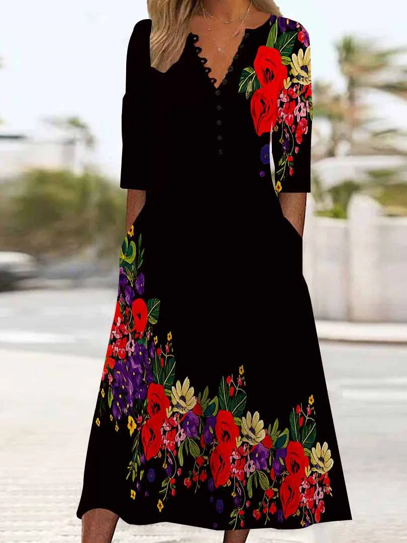 Women Floral,Black DZHB8317 Long Sleeve V-Neck Graphic Printed Midi Dress