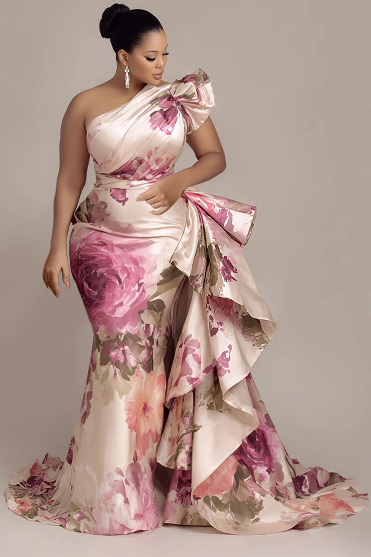 Xpluswear Design Plus Size Formal Pink Oblique Collar One Shoulder Ruffle Elegant Satin Maxi Dresses [Pre-Order]