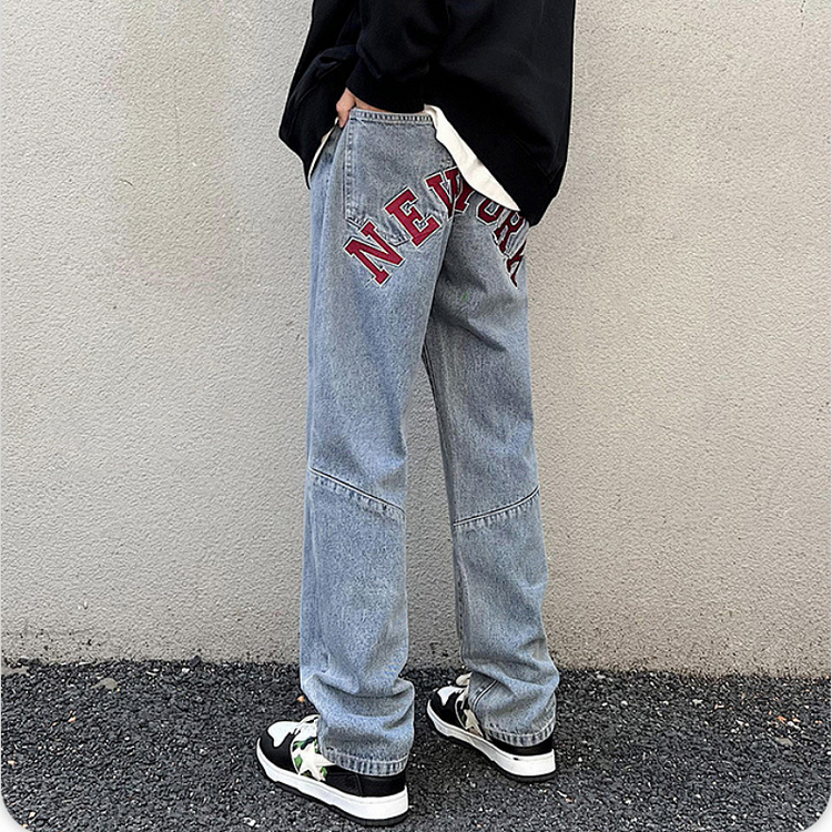 Hip Hop High Street Letter Embroidery Straight Jeans Loose Casual Pants at Hiphopee