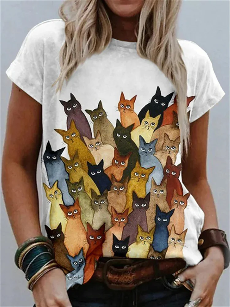 Colorful Crowded Cats Graphic T Shirt