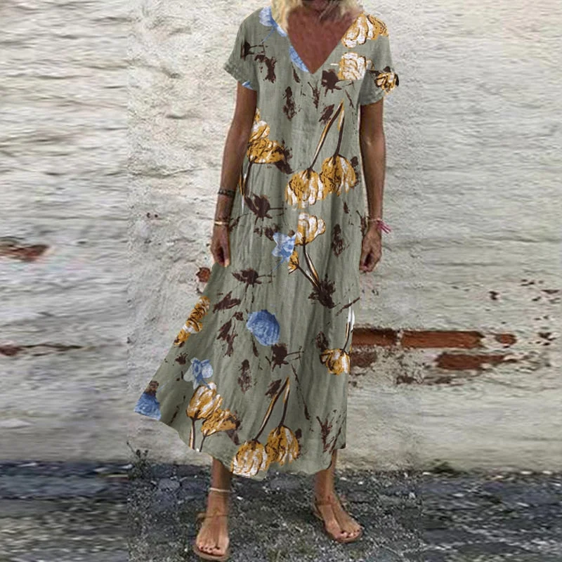 ZANZEA Summer Women Sundress Bohemian Floral Print Beach Maxi Dress Vintage V Neck Short Sleeve Oversized Dresses Kaftan Vestido