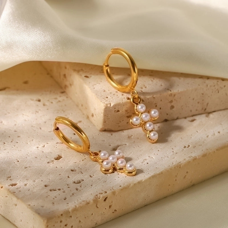 Fashion Cross Inlay 304 Stainless Steel Artificial Pearls Zircon Earrings