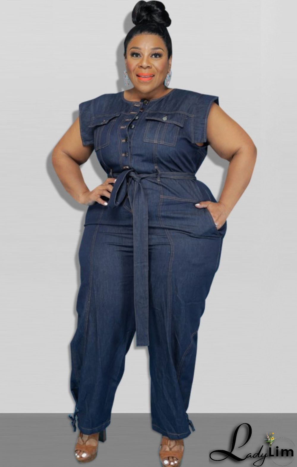 Summer Plus Size Sleeveless Denim Jumpsuit with Belt