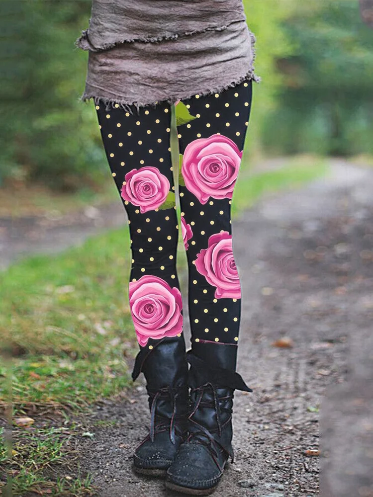 Women's Rose Polka Dot Print Leggings-1012-01