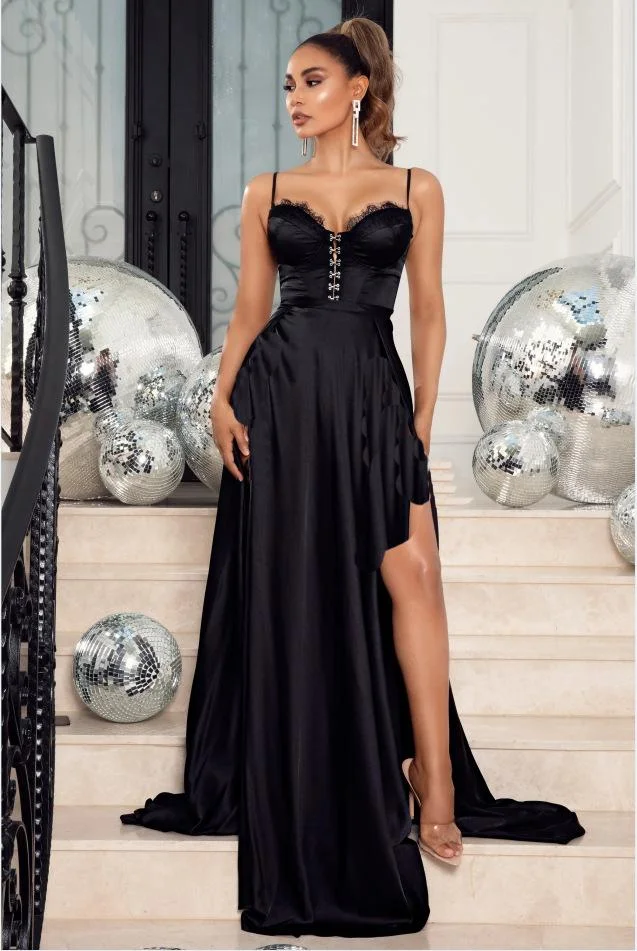 Neosepa-Sexy Low Cut Sleeveless Banded Wasit Boe Decorated Slit Maxi Dress