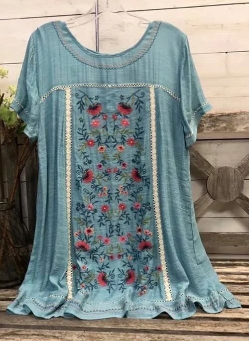 Floral Casual Round Neckline Short Sleeve Blouses