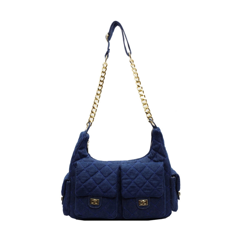Women’s Denim Solid Color Lingge Classic Style Sewing Thread Dumpling Shape Zipper Crossbody Bag