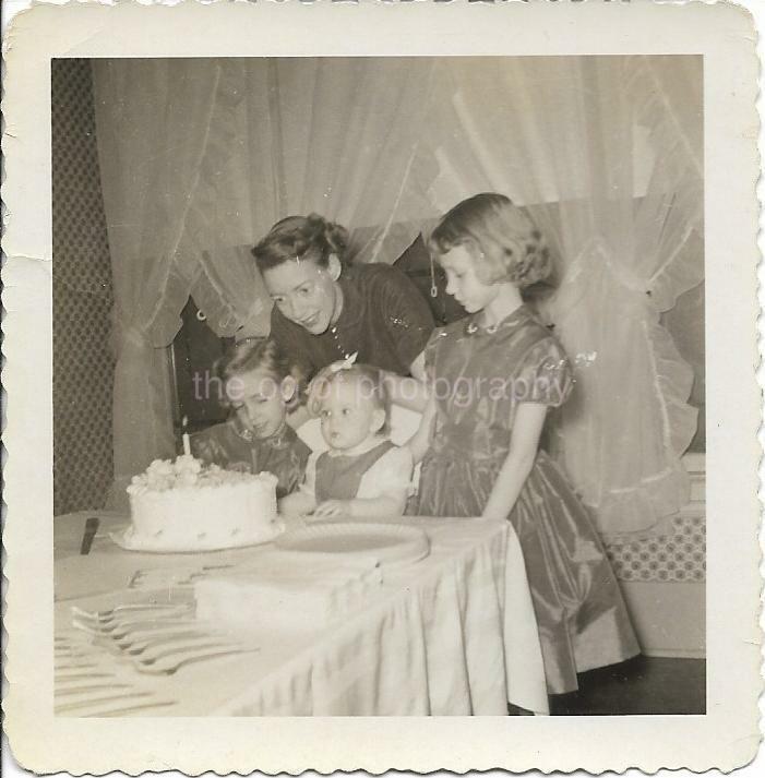 BIRTHDAY SNAPSHOT Found Photo Poster painting CAKE bwOriginal Portrait 99 2 O