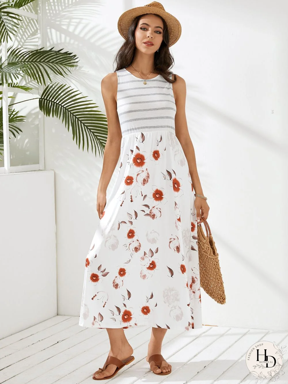 Floral Print Striped Patchwork Crew Neck Sleeveless Maxi Dress