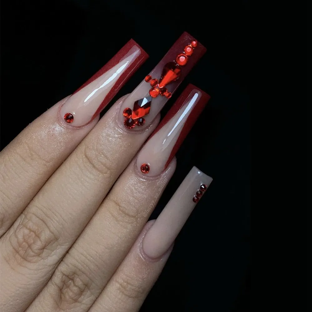 24Pcs Long French Ballerina False Nails With Rhinestone Design Wearable Coffin Fake Nails Full Cover Nail Tips Press On Nails-Nail Inspo