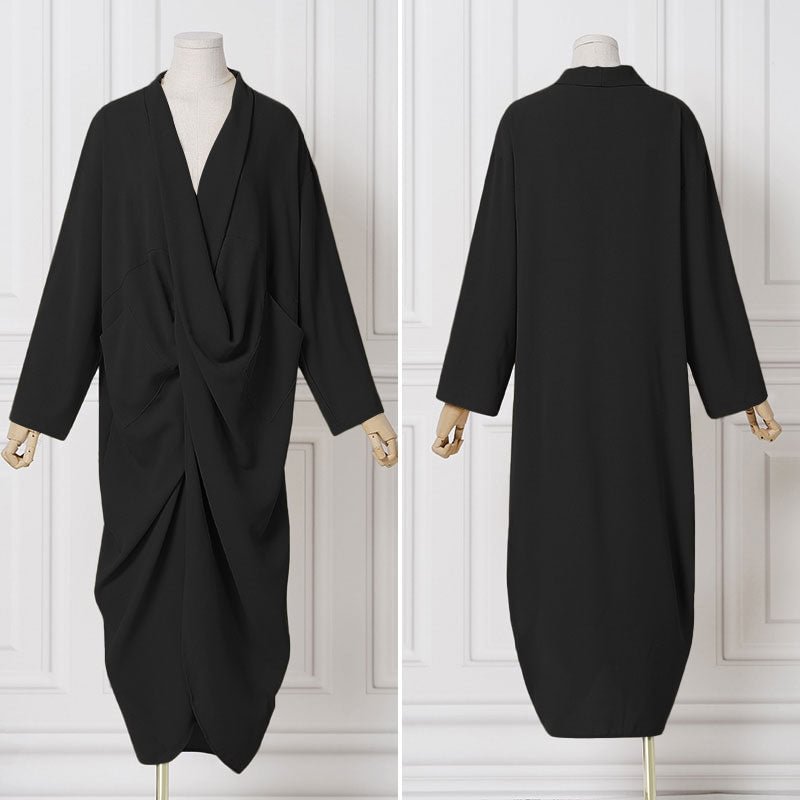 VONDA Women Long Sleeve V Neck Split Hem Dress Summer Spring Casual Pleated Long Maxi Dresses Femme Party Vestidos With Pockets