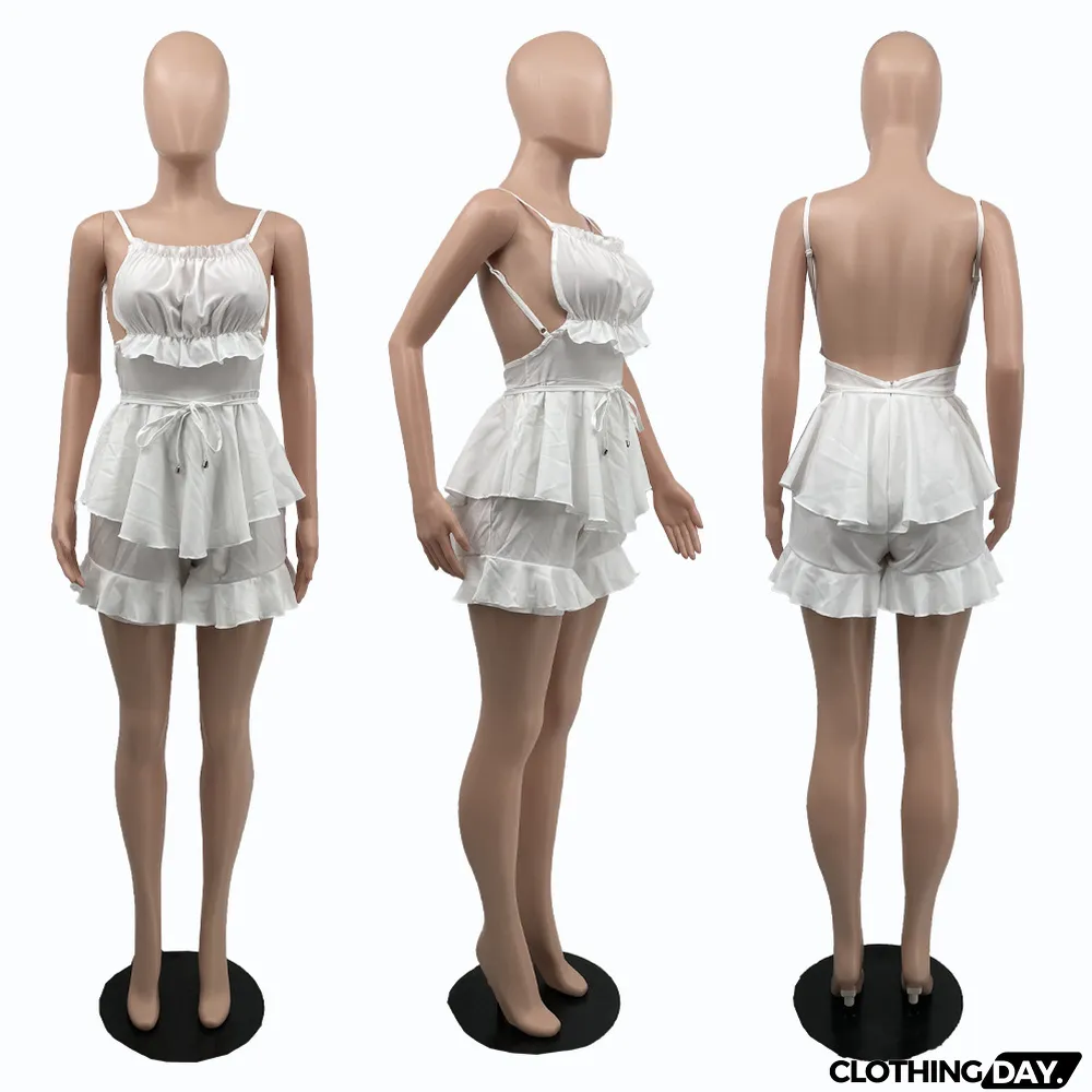 Women's Premium Solid Color Sling Low Back Ruffled Jumpsuit