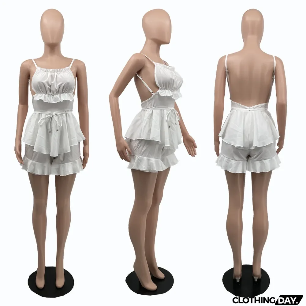 Women's Premium Solid Color Sling Low Back Ruffled Jumpsuit