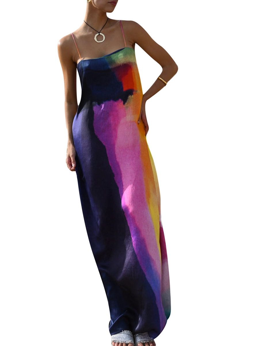 Cookycrumble Women Spaghetti Strap Dress Summer Elegant Party Silk Tie-dye Shift Blousy Fit Square Neck Sleeveless Backless Cami Long Dresses