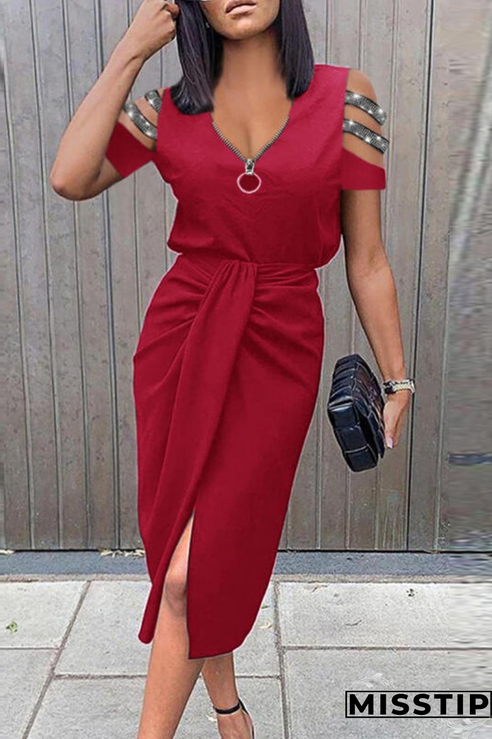 Black Casual Solid Hollowed Out Patchwork V Neck Short Sleeve Dress