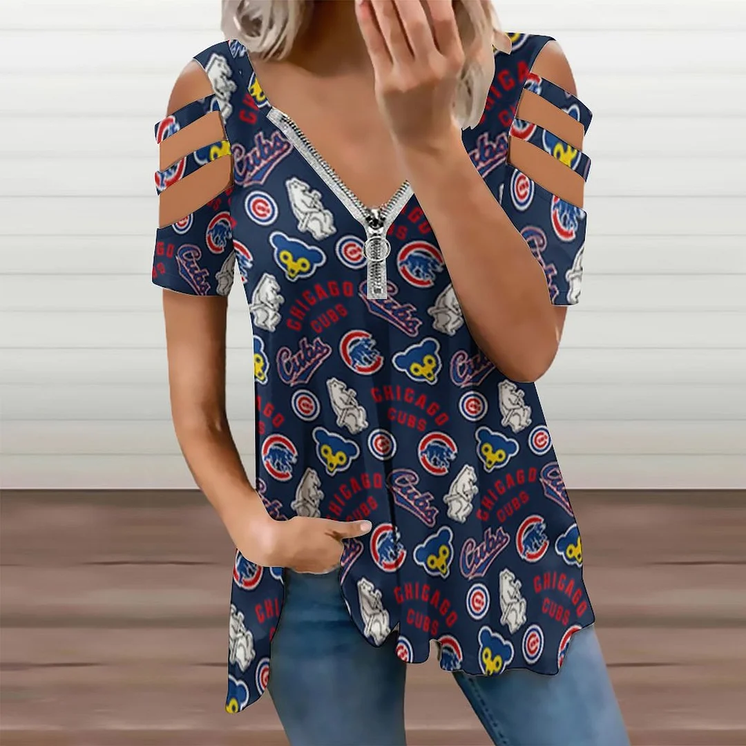 Shoulder Off V-neck Zipper Front Short Sleeve Casual T-shirt for Women Printed with Pattern,Blue,Red