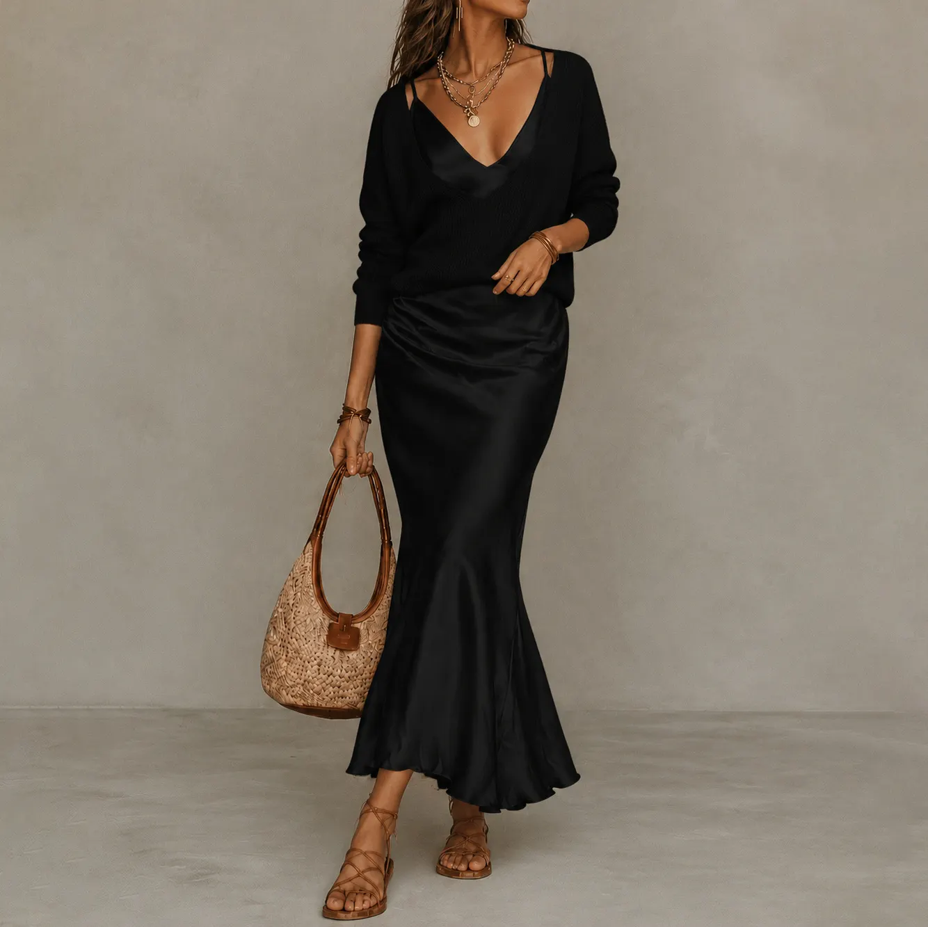 Comstylish Elegance Long-sleeved Knit Top + Satin Slip Dress Two-piece Set
