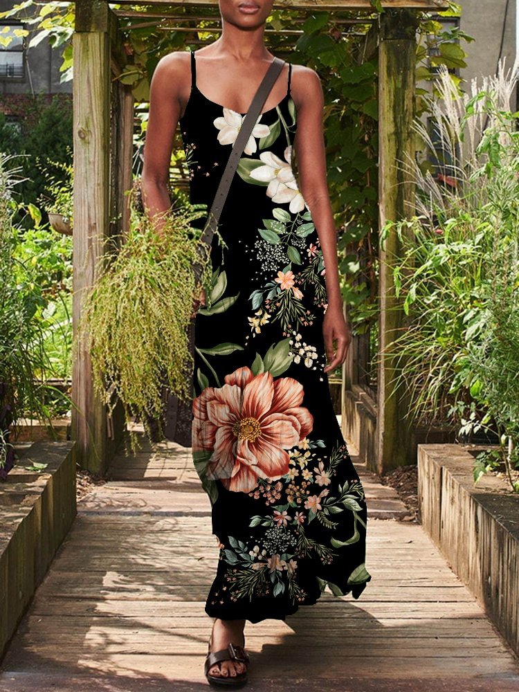 Casual Floral Print Sleeveless Crew Neck Maxi Dress