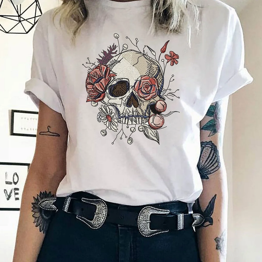 FLOWER AND SKULL White Print T-shirt