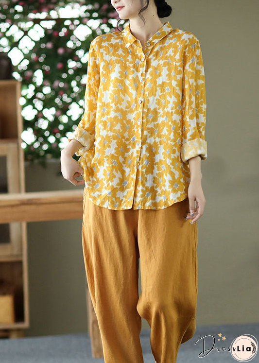 Organic Yellow Peter Pan Collar Print Cotton Shirts Long Sleeve