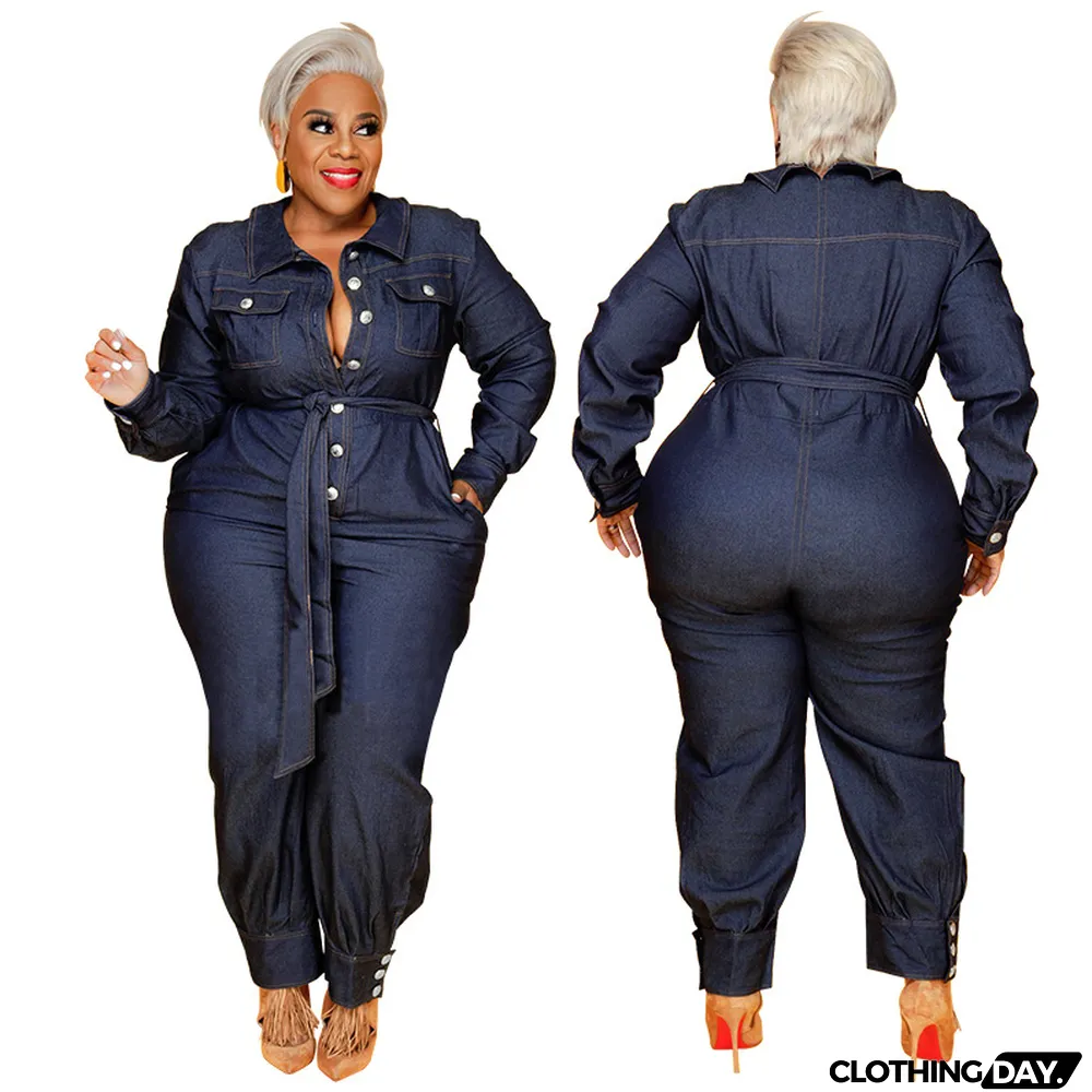 Slim V-Neck Casual Plus Size Women's Denim Jumpsuit