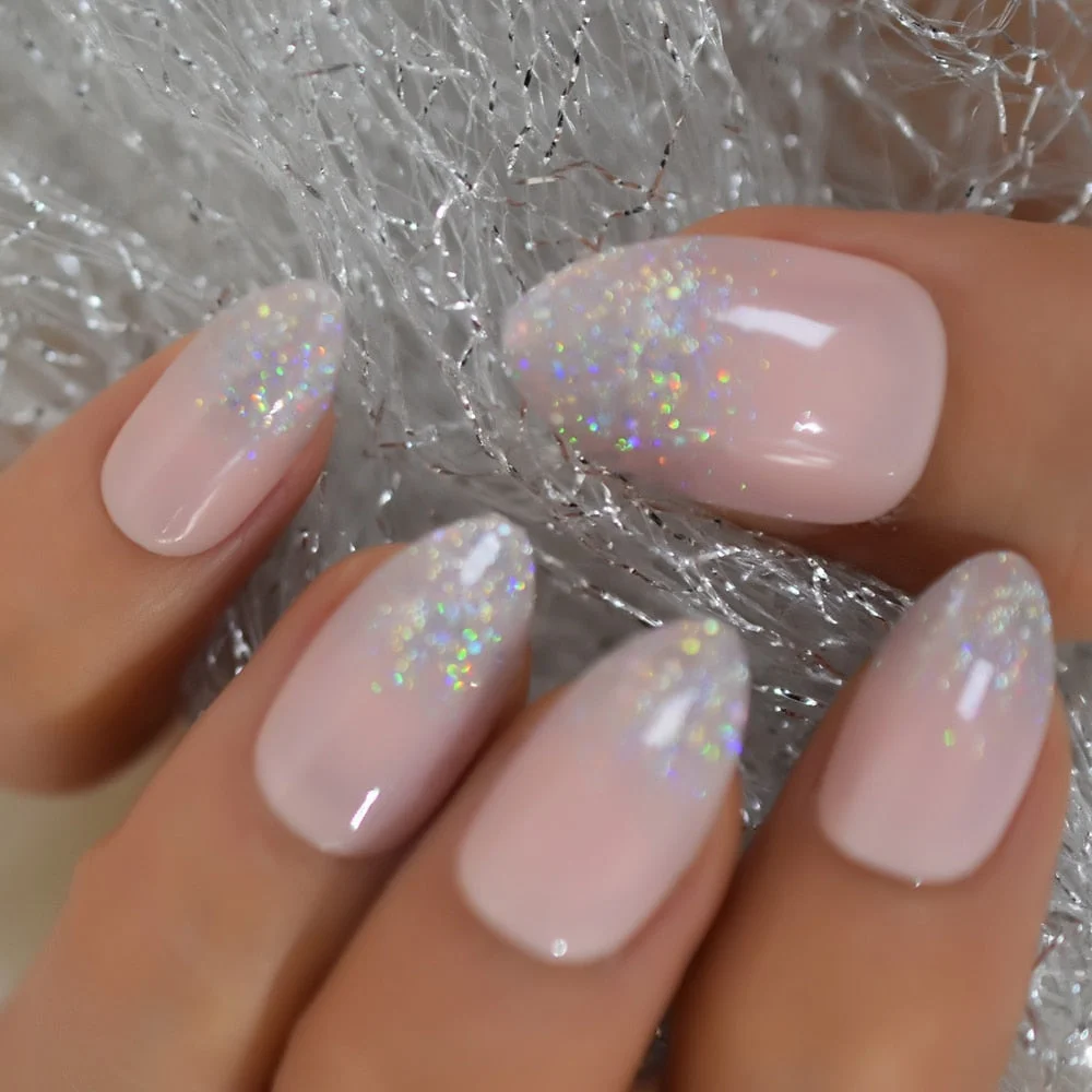 Holographic Silver Glitter Press On Nails Short Style Daily Wear Nude Pink Lady False Nails Oval Shape Nail Art Tips 515-Nail Inspo