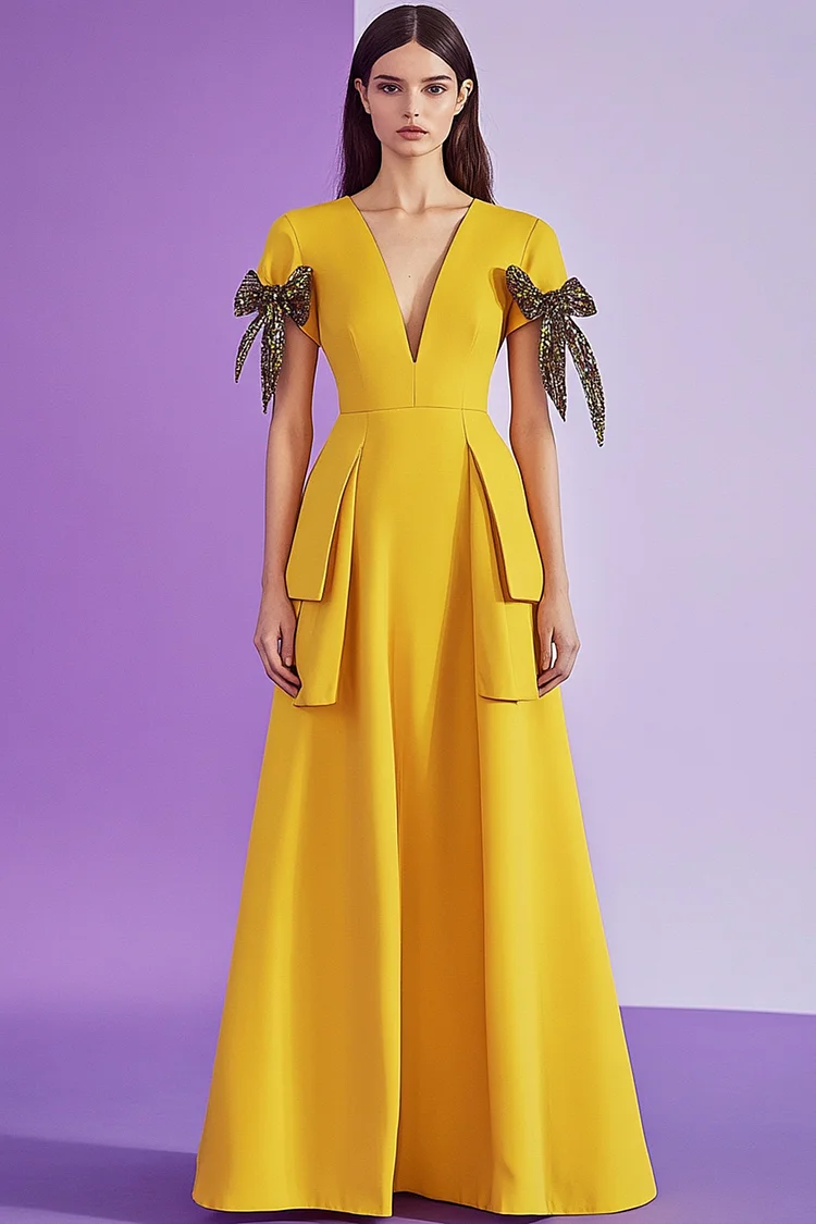 Deep V Neck Sequin Bow Peated Maxi Dress-Yellow [Custom-Made]