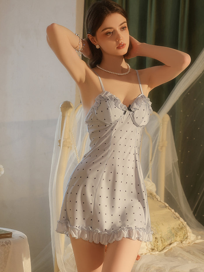 Lovingerie - Ruffle Trim Heart Print Slip Dress