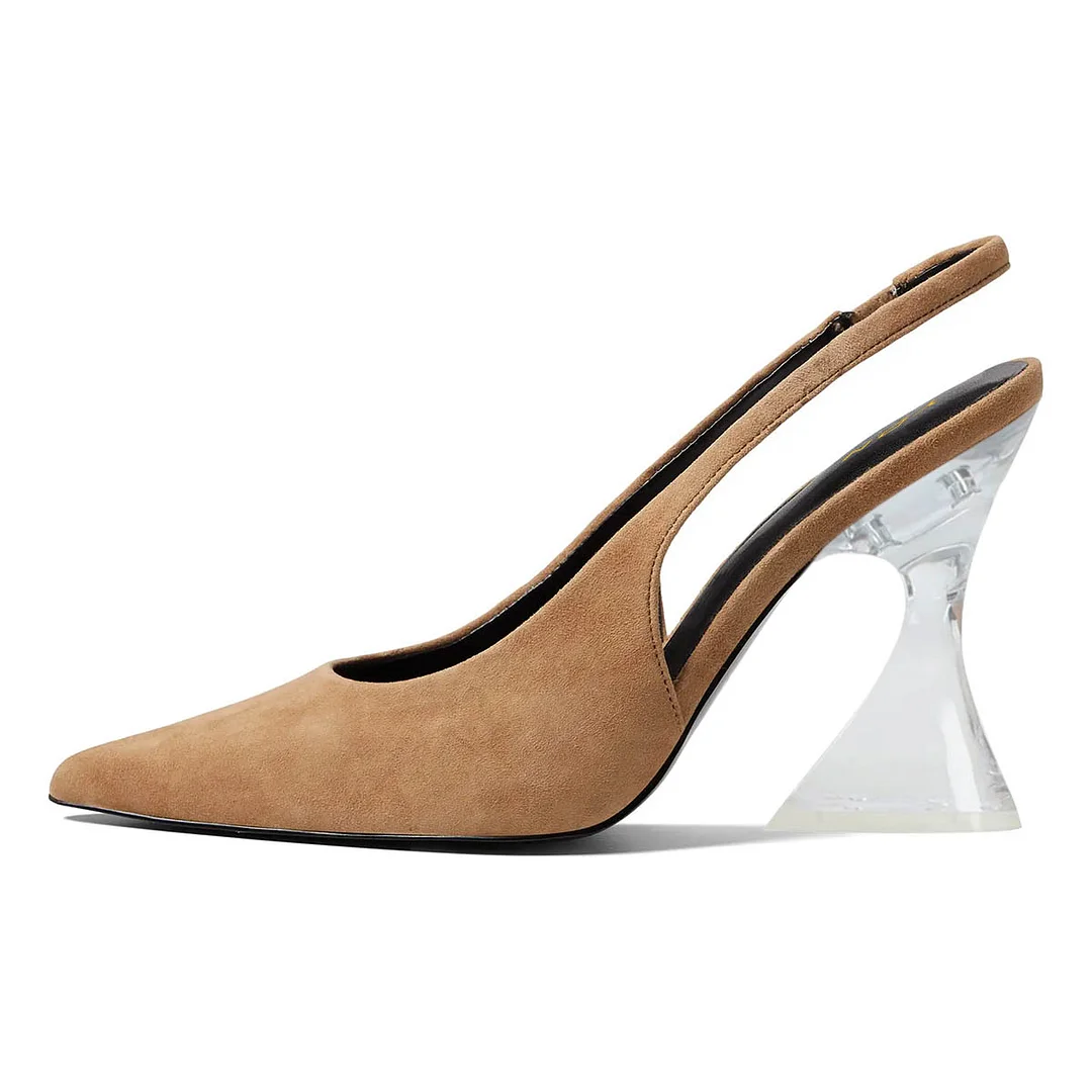 Vegan Suede Flared Heel Pointed Toe Slingback Pumps in Brown