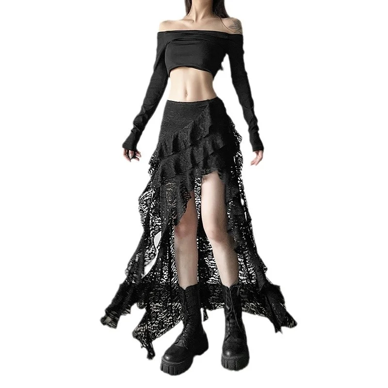 Churchf New Women's Dress Of Autumn 2024 Unique Design Black Lace Wave Rfolded Half-Body Dress