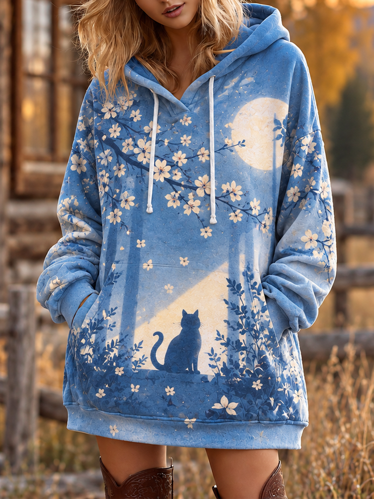 Comstylish Women's Blue Blossom Tree, Moon And Cat Silhouette Print Hooded Sweatshirt Dress