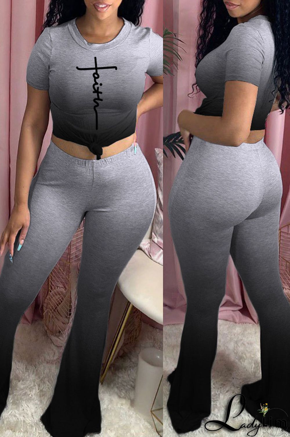 Black Casual Gradual Change Print Split Joint O Neck Short Sleeve Two Pieces