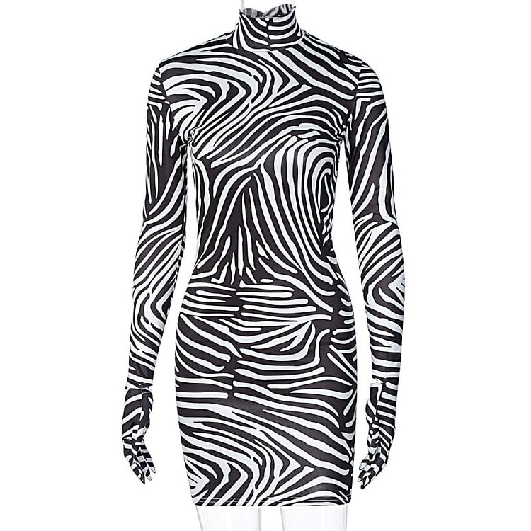 Hugcitar 2020 Long Sleeve With Gloves Zebra Print Bodycon Mini Dress Autumn Winter Women Fashion Party Outfits