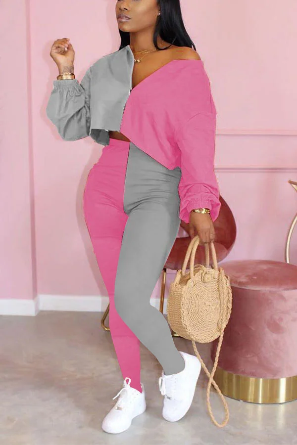 Pink Polyester Sexy Solid pencil Long Sleeve Two Pieces