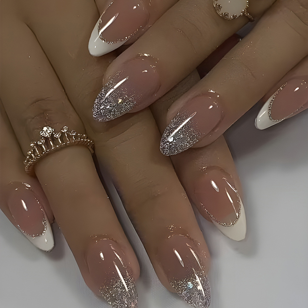 Damokan 24Pcs Simple French Nails Art Tips Fake Nails 3D Design Wearable Full Cover False Nail Mid-length Almond Reusable Press on Nails