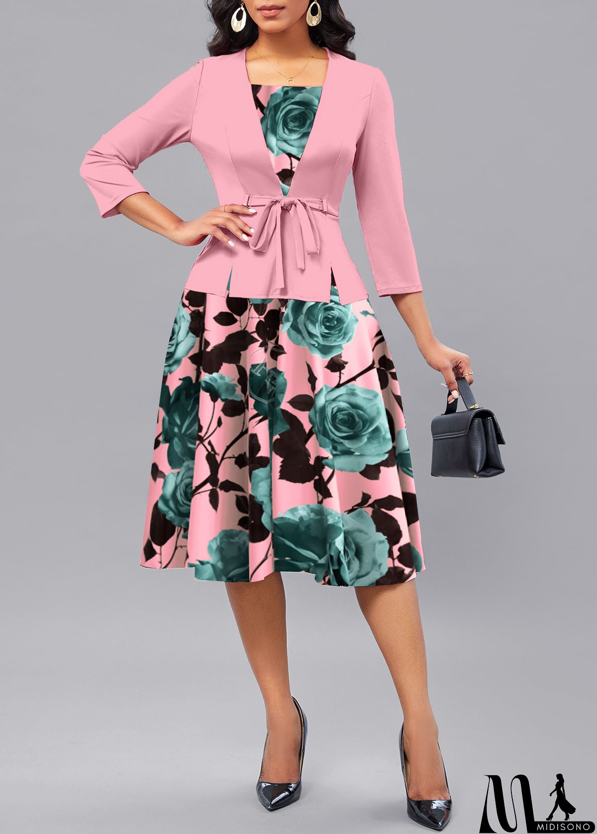 MidiSono - Pink Patchwork Floral Print 3/4 Sleeve Square Neck Dress