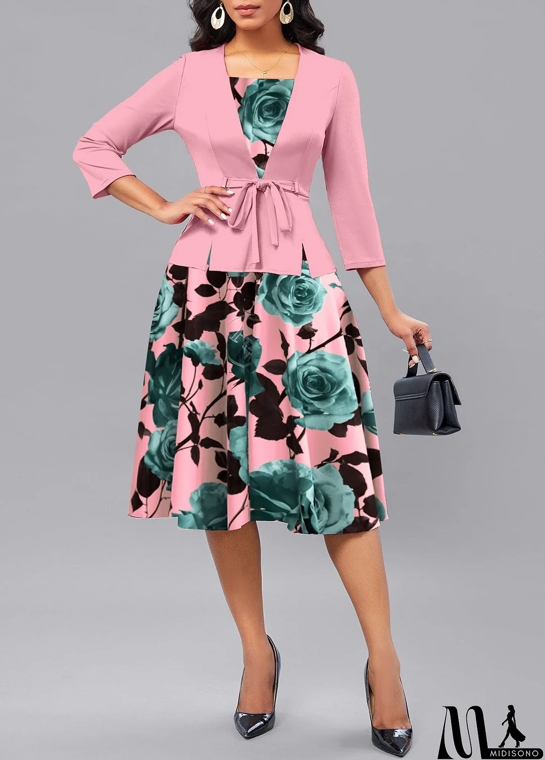 MidiSono - Pink Patchwork Floral Print 3/4 Sleeve Square Neck Dress