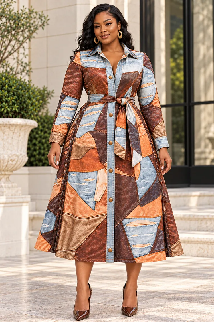 Xpluswear Design Plus Size Business Casual Brown All Over Print Shirt Collar Long Sleeve Pocket Wrap Denim Midi Dresses [Pre-Order] 2024 - Xpluswear