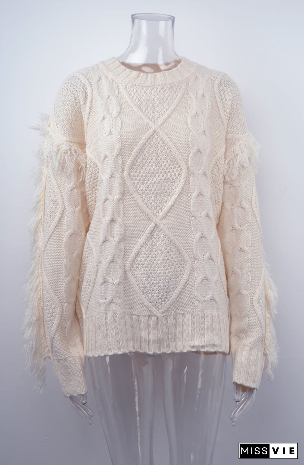 Round Neck Long Sleeve Cable Knit Design Sweater