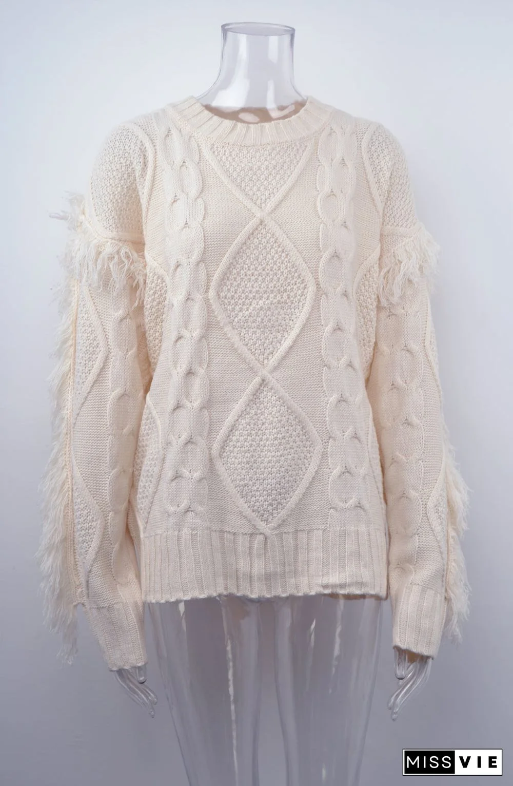 Round Neck Long Sleeve Cable Knit Design Sweater