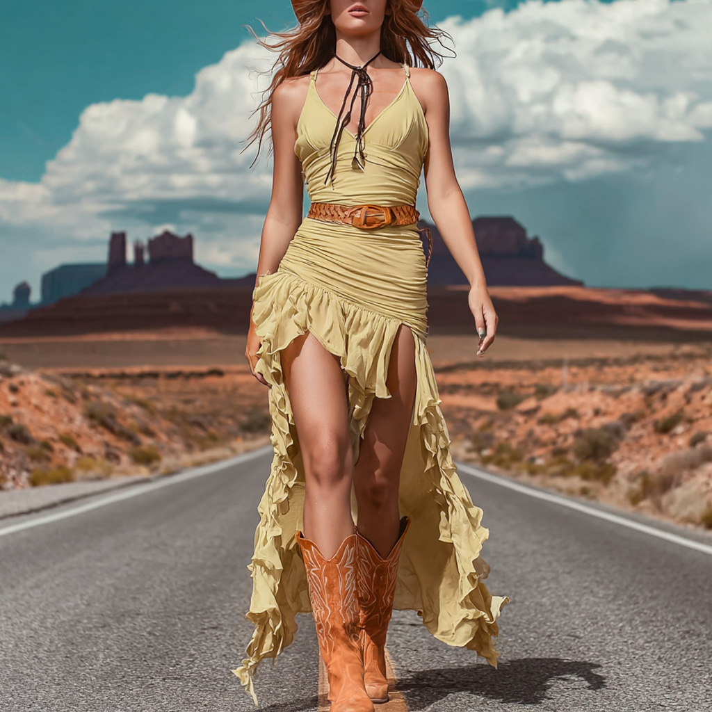 Ladies Retro Western Cowboy Music Festival Popular Solid Color Suspender Dress